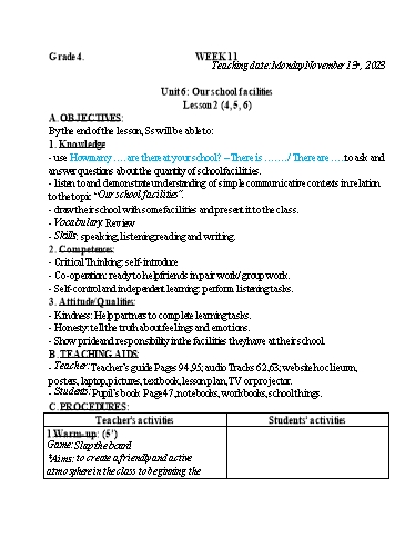 Kế hoạch bài dạy Tiếng Anh 4+5 - Tuần 11, NH 2023-2024 (GV: Trần Thị Ngọc Hiền)