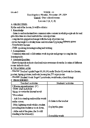 Kế hoạch bài dạy Tiếng Anh 4+5 - Tuần 11, NH 2024-2025 (GV: Trần Thị Ngọc Hiền)