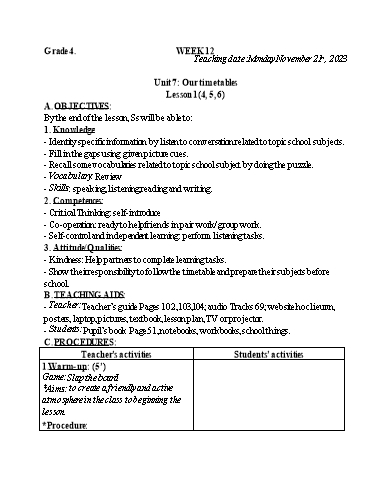 Kế hoạch bài dạy Tiếng Anh 4+5 - Tuần 12, NH 2023-2024 (GV: Trần Thị Ngọc Hiền)