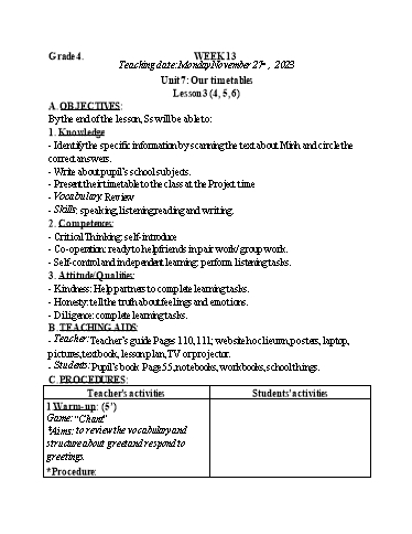 Kế hoạch bài dạy Tiếng Anh 4+5 - Tuần 13, NH 2023-2024 (GV: Trần Thị Ngọc Hiền)