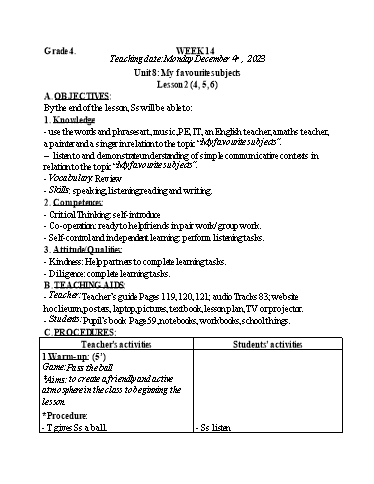 Kế hoạch bài dạy Tiếng Anh 4+5 - Tuần 14, NH 2023-2024 (GV: Trần Thị Ngọc Hiền)