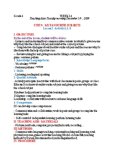 Kế hoạch bài dạy Tiếng Anh 4+5 - Tuần 14, NH 2024-2025 (GV: Trần Thị Ngọc Hiền)