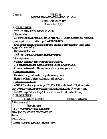 Kế hoạch bài dạy Tiếng Anh 4+5 - Tuần 15, NH 2023-2024 (GV: Trần Thị Ngọc Hiền)