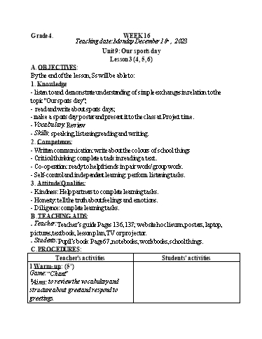 Kế hoạch bài dạy Tiếng Anh 4+5 - Tuần 16, NH 2023-2024 (GV: Trần Thị Ngọc Hiền)