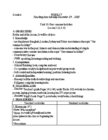 Kế hoạch bài dạy Tiếng Anh 4+5 - Tuần 17, NH 2023-2024 (GV: Trần Thị Ngọc Hiền)