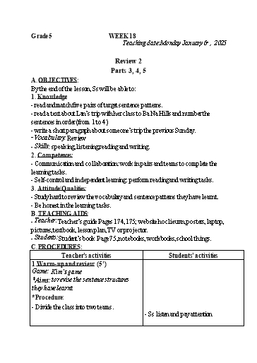 Kế hoạch bài dạy Tiếng Anh 4+5 - Tuần 18, NH 2024-2025 (GV: Trần Thị Ngọc Hiền)