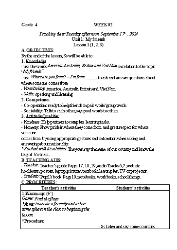 Kế hoạch bài dạy Tiếng Anh 4+5 - Tuần 2, NH 2024-2025 (GV: Trần Thị Ngọc Hiền)