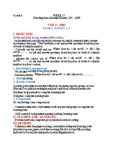 Kế hoạch bài dạy Tiếng Anh 4+5 - Tuần 21, NH 2023-2024 (GV: Trần Thị Ngọc Hiền)