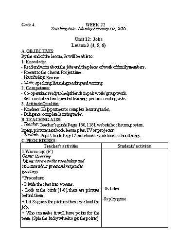 Kế hoạch bài dạy Tiếng Anh 4+5 - Tuần 22, NH 2024-2025 (GV: Trần Thị Ngọc Hiền)