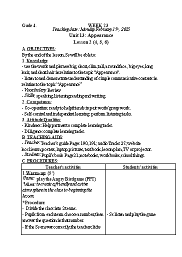 Kế hoạch bài dạy Tiếng Anh 4+5 - Tuần 23, NH 2024-2025 (GV: Trần Thị Ngọc Hiền)