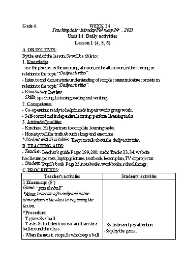 Kế hoạch bài dạy Tiếng Anh 4+5 - Tuần 24, NH 2024-2025 (GV: Trần Thị Ngọc Hiền)