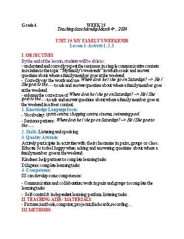 Kế hoạch bài dạy Tiếng Anh 4+5 - Tuần 25, NH 2023-2024 (GV: Trần Thị Ngọc Hiền)