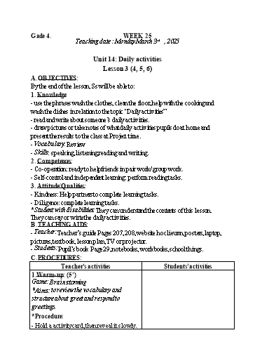 Kế hoạch bài dạy Tiếng Anh 4+5 - Tuần 25, NH 2024-2025 (GV: Trần Thị Ngọc Hiền)
