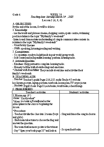Kế hoạch bài dạy Tiếng Anh 4+5 - Tuần 26, NH 2024-2025 (GV: Trần Thị Ngọc Hiền)