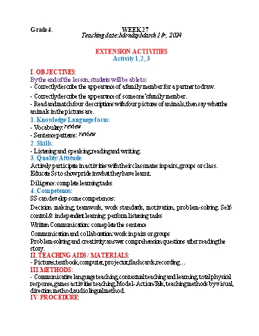 Kế hoạch bài dạy Tiếng Anh 4+5 - Tuần 27, NH 2023-2024 (GV: Trần Thị Ngọc Hiền)