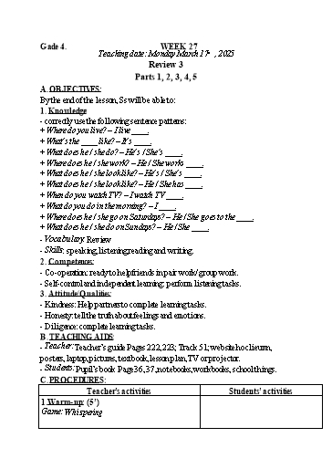Kế hoạch bài dạy Tiếng Anh 4+5 - Tuần 27, NH 2024-2025 (GV: Trần Thị Ngọc Hiền)