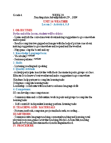 Kế hoạch bài dạy Tiếng Anh 4+5 - Tuần 28, NH 2023-2024 (GV: Trần Thị Ngọc Hiền)