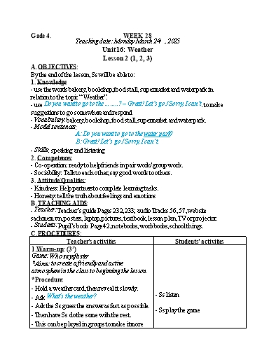 Kế hoạch bài dạy Tiếng Anh 4+5 - Tuần 28, NH 2024-2025 (GV: Trần Thị Ngọc Hiền)