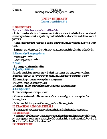 Kế hoạch bài dạy Tiếng Anh 4+5 - Tuần 29, NH 2023-2024 (GV: Trần Thị Ngọc Hiền)