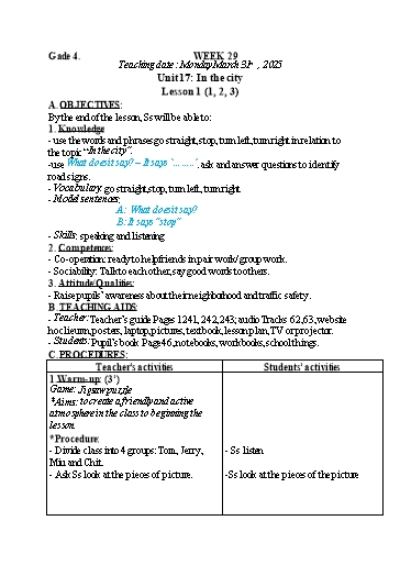 Kế hoạch bài dạy Tiếng Anh 4+5 - Tuần 29, NH 2024-2025 (GV: Trần Thị Ngọc Hiền)