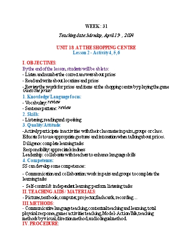 Kế hoạch bài dạy Tiếng Anh 4+5 - Tuần 31, NH 2023-2024 (GV: Trần Thị Ngọc Hiền)