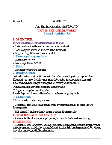 Kế hoạch bài dạy Tiếng Anh 4+5 - Tuần 32, NH 2023-2024 (GV: Trần Thị Ngọc Hiền)