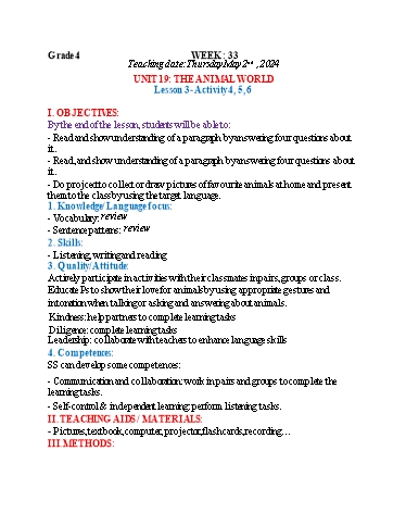 Kế hoạch bài dạy Tiếng Anh 4+5 - Tuần 33, NH 2023-2024 (GV: Trần Thị Ngọc Hiền)