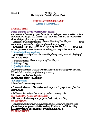 Kế hoạch bài dạy Tiếng Anh 4+5 - Tuần 34, NH 2023-2024 (GV: Trần Thị Ngọc Hiền)