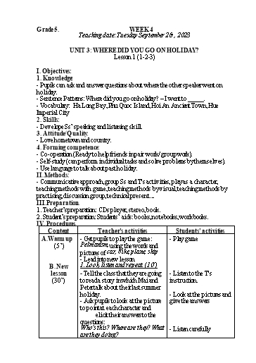 Kế hoạch bài dạy Tiếng Anh 4+5 - Tuần 4, NH 2023-2024 (GV: Trần Thị Ngọc Hiền)