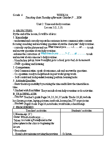 Kế hoạch bài dạy Tiếng Anh 4+5 - Tuần 4, NH 2024-2025 (GV: Trần Thị Ngọc Hiền)