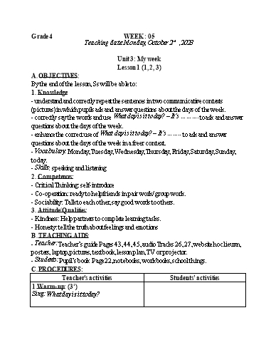 Kế hoạch bài dạy Tiếng Anh 4+5 - Tuần 5, NH 2023-2024 (GV: Trần Thị Ngọc Hiền)