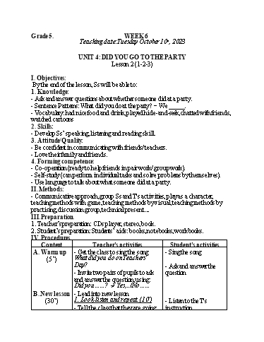 Kế hoạch bài dạy Tiếng Anh 4+5 - Tuần 6, NH 2023-2024 (GV: Trần Thị Ngọc Hiền)
