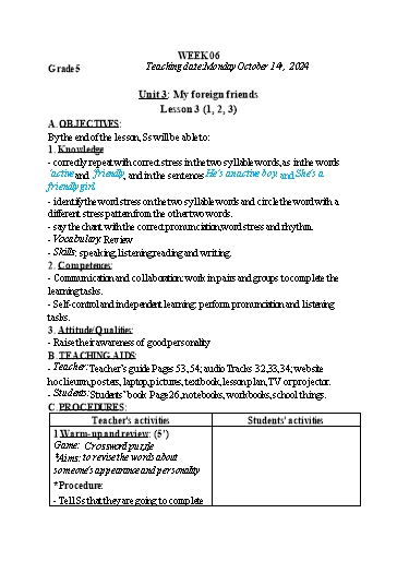 Kế hoạch bài dạy Tiếng Anh 4+5 - Tuần 6, NH 2024-2025 (GV: Trần Thị Ngọc Hiền)