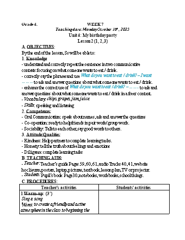 Kế hoạch bài dạy Tiếng Anh 4+5 - Tuần 7, NH 2023-2024 (GV: Trần Thị Ngọc Hiền)