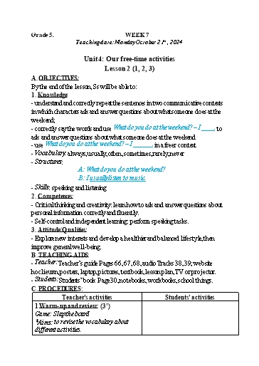 Kế hoạch bài dạy Tiếng Anh 4+5 - Tuần 7, NH 2024-2025 (GV: Trần Thị Ngọc Hiền)