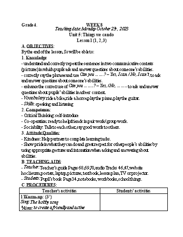 Kế hoạch bài dạy Tiếng Anh 4+5 - Tuần 8, NH 2023-2024 (GV: Trần Thị Ngọc Hiền)