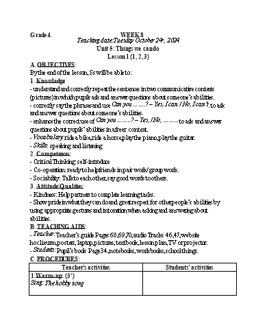 Kế hoạch bài dạy Tiếng Anh 4+5 - Tuần 8, NH 2024-2025 (GV: Trần Thị Ngọc Hiền)