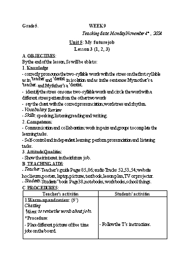 Kế hoạch bài dạy Tiếng Anh 4+5 - Tuần 9, NH 2024-2025 (GV: Trần Thị Ngọc Hiền)