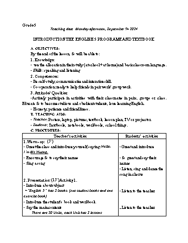 Kế hoạch bài dạy Tiếng Anh 5 - Tuần 1, NH 2023-2024 (GV: Trần Thị Ngọc Hiền)