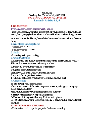 Kế hoạch bài dạy Tiếng Anh Lớp 3 - Tuần 33 (NH 2023-2024)(GV: Đào Thị Thanh Huyền)