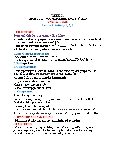 Kế hoạch bài dạy Tiếng Anh Lớp 4 - Tuần 21 (NH 2024-2025)(GV: Đào Thị Thanh Huyền)