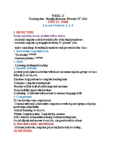 Kế hoạch bài dạy Tiếng Anh Lớp 4 - Tuần 22 (NH 2024-2025)(GV: Đào Thị Thanh Huyền)