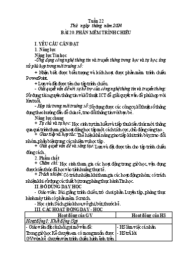Kế hoạch bài dạy Tin Học 3 - Tuần 22, Bài 20: Phần mềm trình chiếu (GV: Nguyễn Thị Ngọc Liễu)