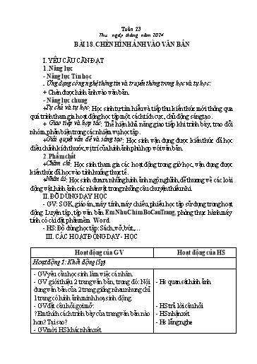 Kế hoạch bài dạy Tin Học 4 - Tuần 23, Bài 18: Chèn hình ảnh vào văn bản (GV: Nguyễn Thị Ngọc Liễu)