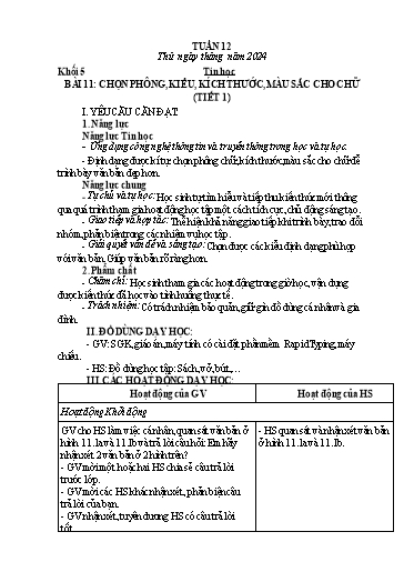 Kế hoạch bài dạy Tin Học 5 - Tuần 12, Bài 11: Chọn phông, kiểu, kích thước, màu sắc cho chữ (Tiết 1)(GV: Nguyễn Thị Ngọc Liễu)